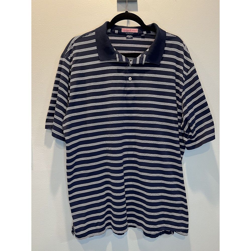 Vineyard Vines Shirt Men's L Navy Blue Striped Short Sleeve Polo Collared Logo
